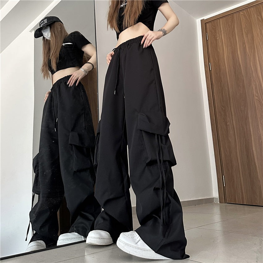 Fashion women's wear American Retro Quick-Drying Overalls Women's Three-Dimensional Pocket High Waist Straight Wide Leg Ribbon Loose Casual Mopping Trousers