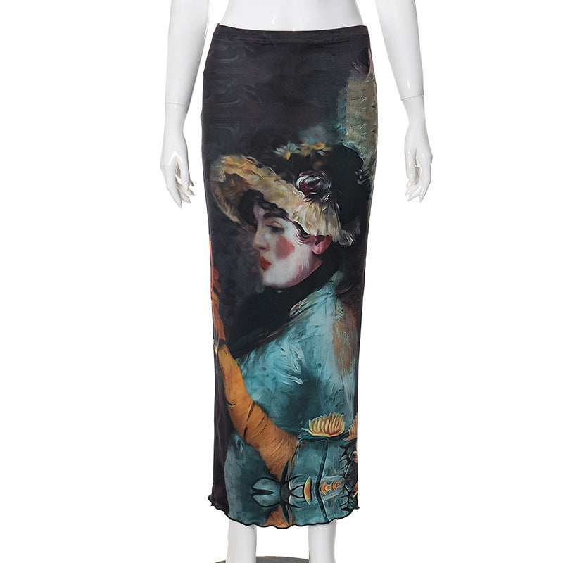 Fashion women's wear Q23tp663 American Fashion Girl Print Design Transparent Long Sleeves Cropped Top Long Skirt Women's Suit