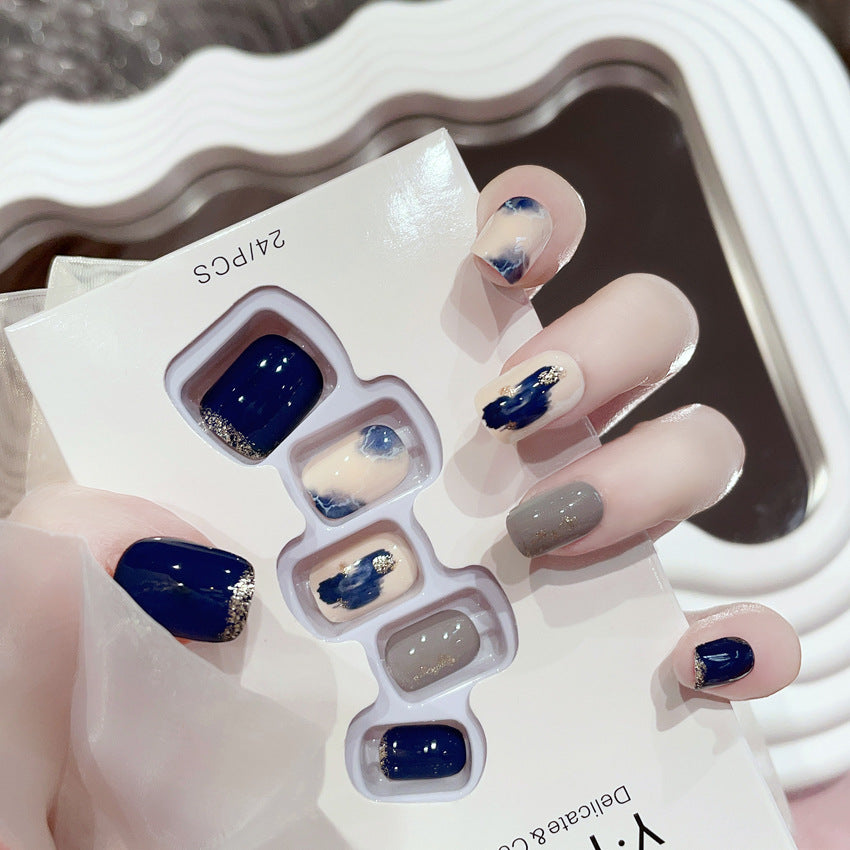 Fashion  nail Pure Desire Fake Nail Patch Blue Marbling Finished Nail Beauty False Nails Removable Nail Tip Wear Nail X105