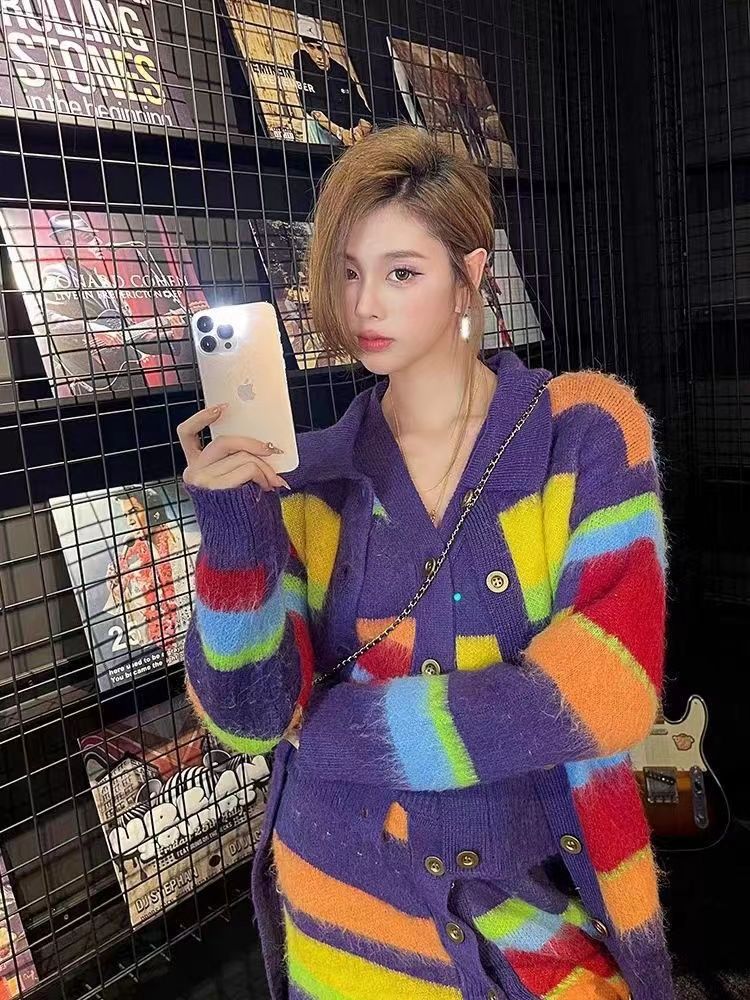 Dopamine tops Free shipping Tattoo 2023 new French long sweater skirt rainbow knitted dress high sense inside dopamine women autumn and winter