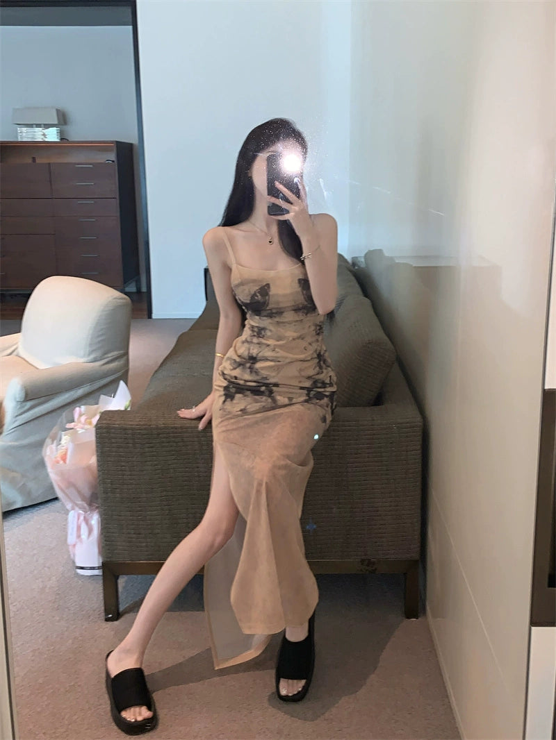 Fashion women's wear Women's French-Style Tie-Dyed Printed Suspender Dress Summer Elegant Waist Slimming Sexy Sheath A- line Dress for Hot Girls
