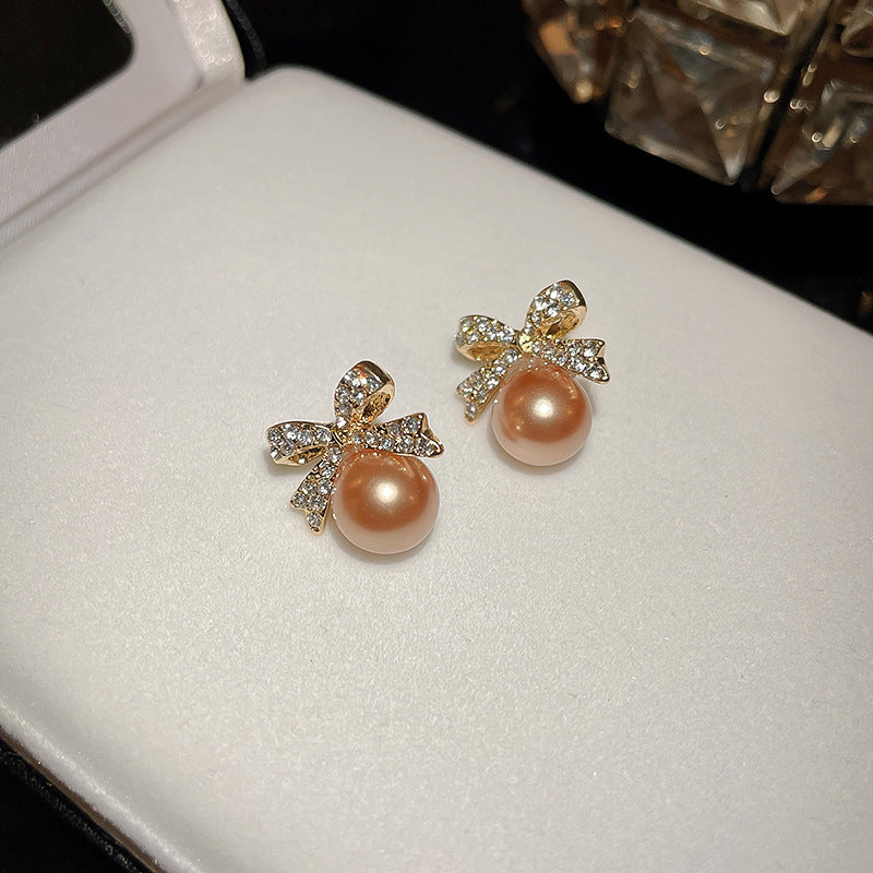 银针镶钻蝴蝶结珍珠耳环法式轻奢高级感耳钉小众复古气质耳饰批发