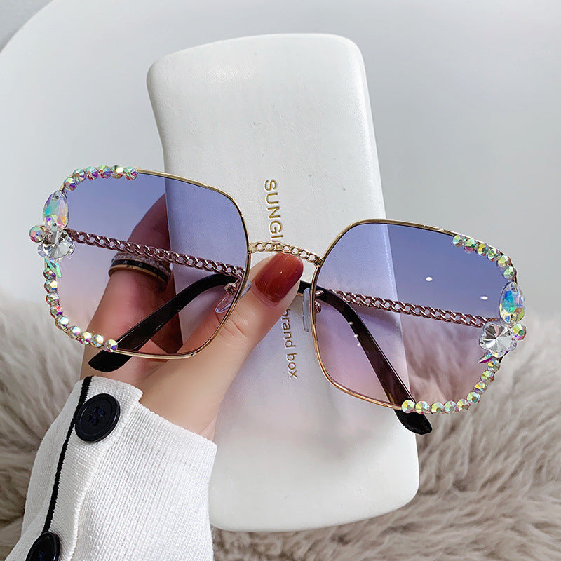 Women's fashion glasses 2024 无框镶钻女韩版潮防紫外线墨镜女素颜神器显脸小太阳镜2022新款