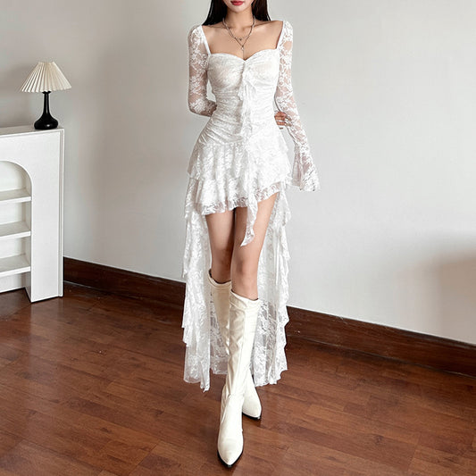 Free shipping new women's clothing solid color high waist fashion square neck long sleeve lace splicing dress tops