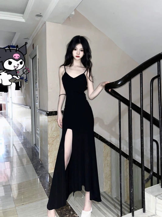 Fashion women's wear French Style Little Black Dress with Suspenders Women's Autumn 2024 New High-Grade Dress Sleeveless Slim Slimming Slit Dress