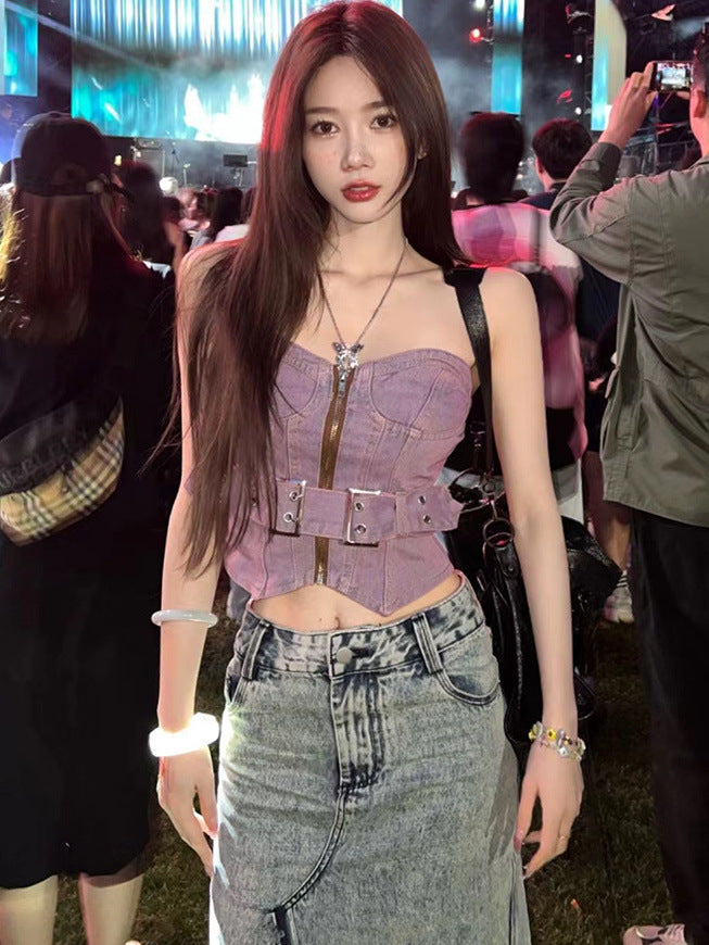 Dopamine tops Free shipping Tattoo Dopamine Spice Girl retro denim tube top women's summer new niche sexy and thin outer garter top