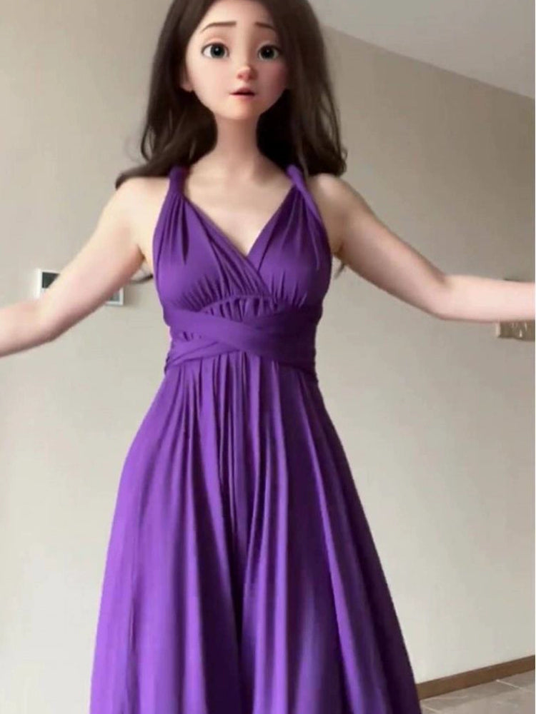 Fashion women's wear Purple Strap Dress Texture High-Grade Waist Slimming Adult Lady like Woman Beautiful Luxurious Style French Long Skirt Summer