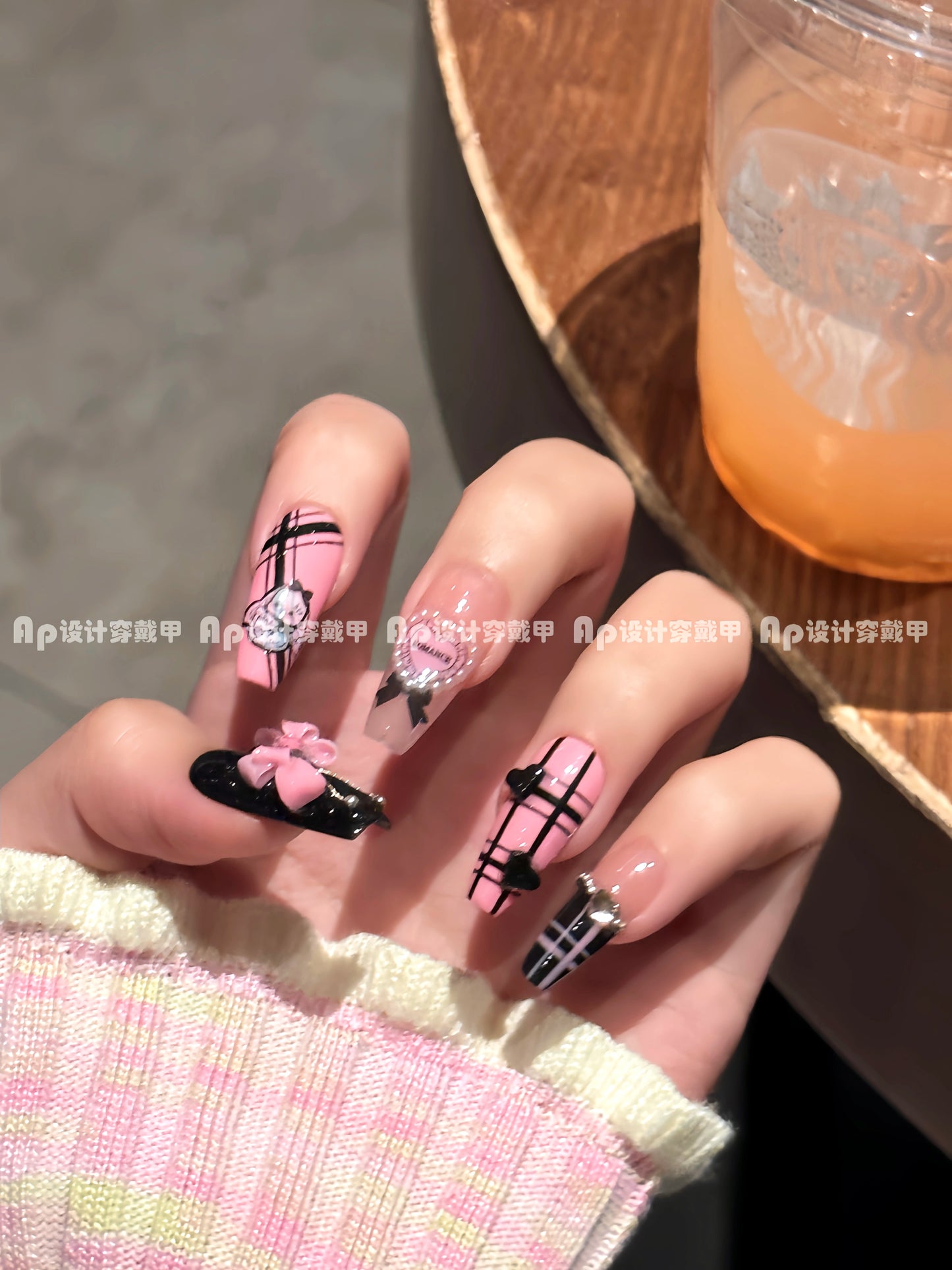 (Hand made nail) [Pure Love Talent] Ap Design Wearing Nail Handmade Black Pink Sweet Cool Ins Cute Sweet Girl Whitening Detachable