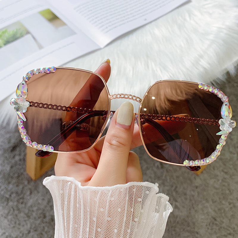 Women's fashion glasses 2024 无框镶钻女韩版潮防紫外线墨镜女素颜神器显脸小太阳镜2022新款