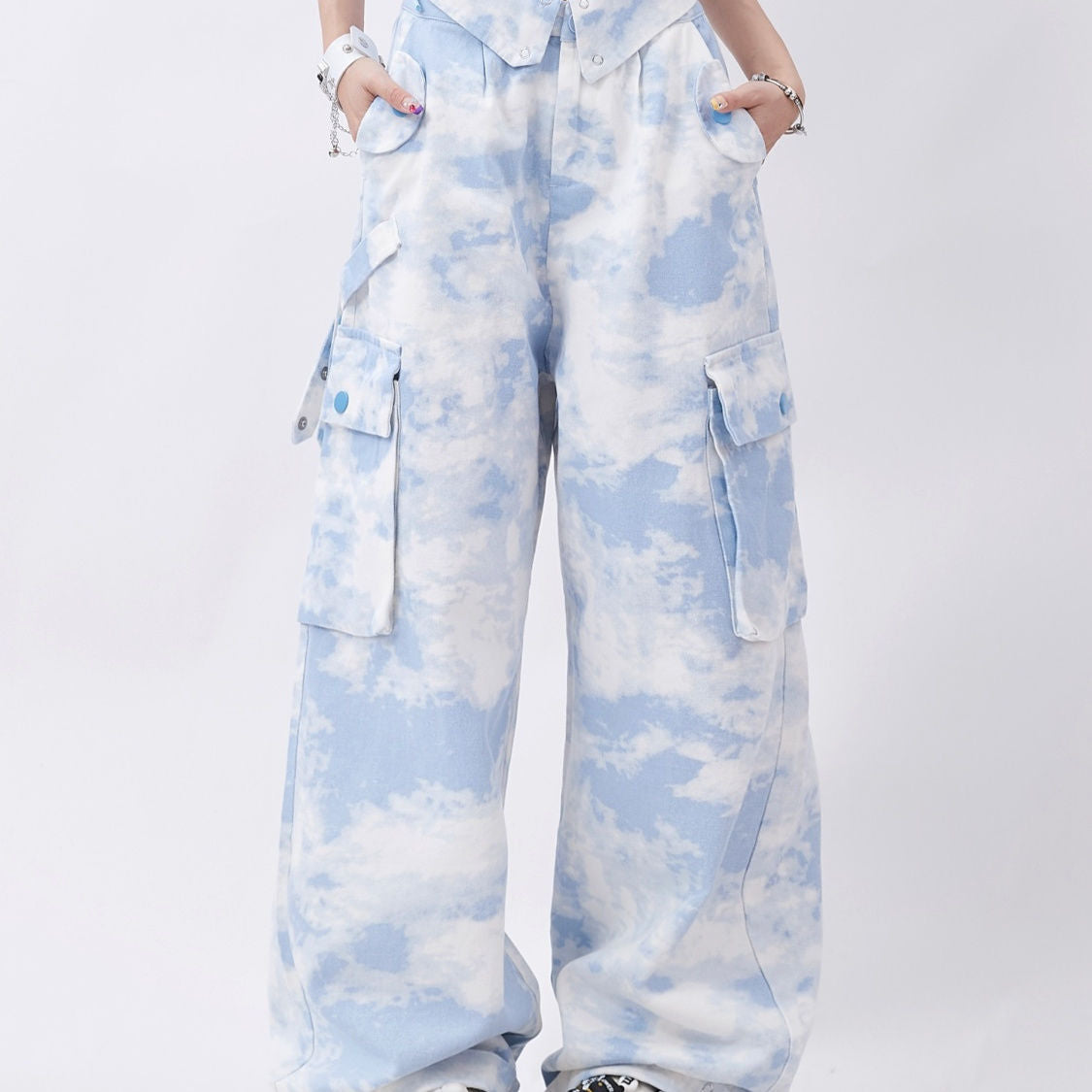 Dopamine pants Free shipping Tattoo Rayohopp dopamine wear camouflage overalls women's flip waist tie-dye design loose straight casual pants