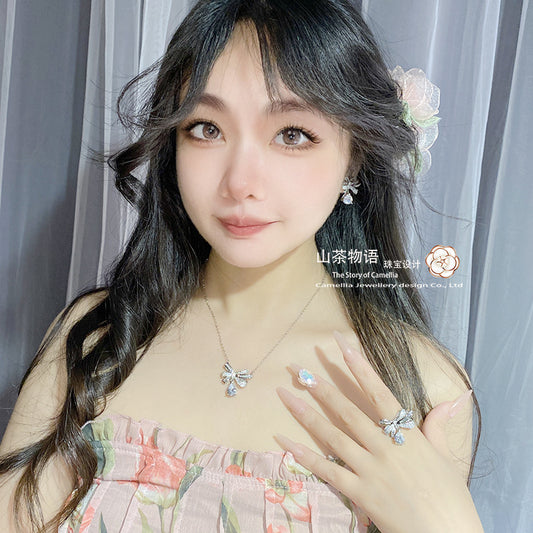 Camellia欧美时尚蝴蝶结少女套装 轻奢满钻宴会场合百搭耳环颈链