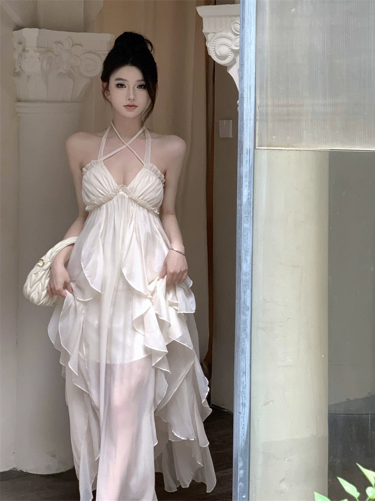 Fashion women's wear French Style Halter Spaghetti Straps Dress Women's Summer Fairy Temperamental Senior Sexy Backless Seaside Vacation Beach Dress