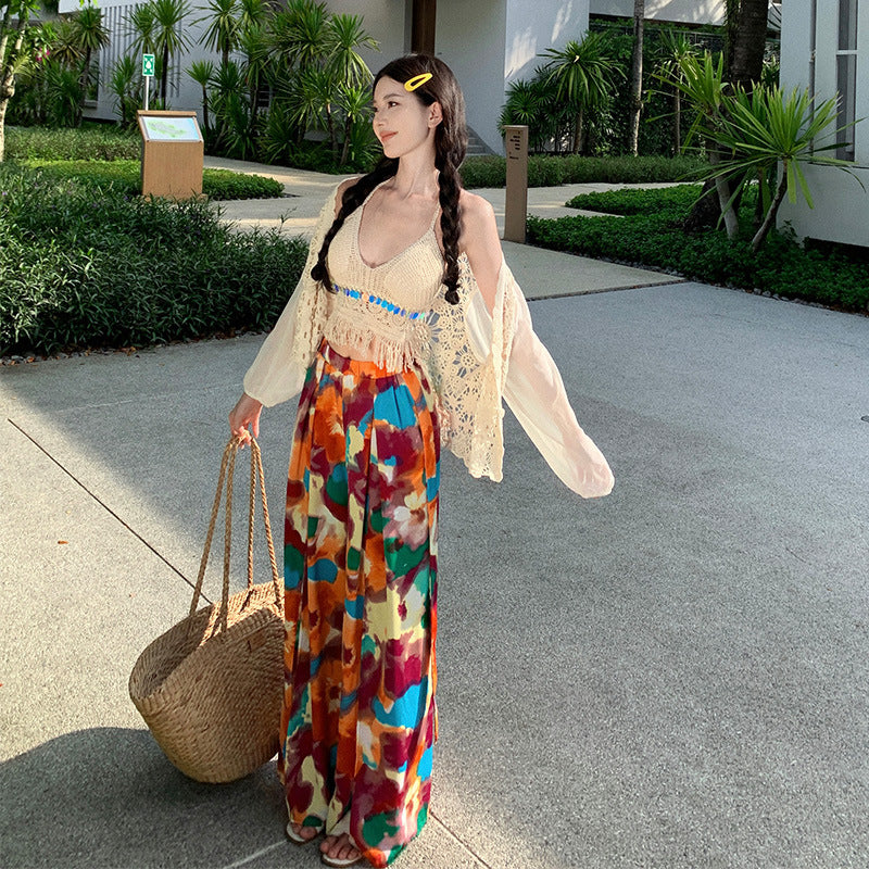 Dopamine pants Free shipping Tattoo 2024 oil painting color dopamine summer cool pants seaside vacation Yunnan Sanya travel style wide-leg trousers
