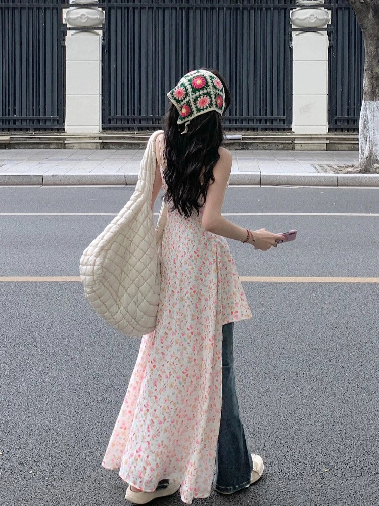 Fashion women's wear Floral Strap Dress Women's Summer Small Waist Slimming Sweet and Spicy Skirt Jeans Two-Piece Suit