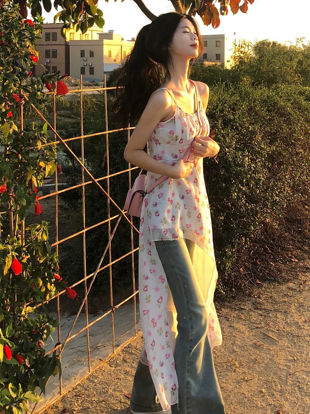 Fashion women's wear Girl Dress Irregular Floral Floral Dress Women's Summer Sweet Temperament Slant-Cut Bottom Waist Trimming Spaghetti Straps Long Dress