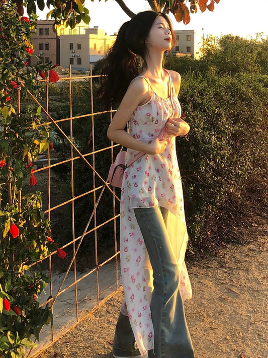 Fashion women's wear Girl Dress Irregular Floral Floral Dress Women's Summer Sweet Temperament Slant-Cut Bottom Waist Trimming Spaghetti Straps Long Dress
