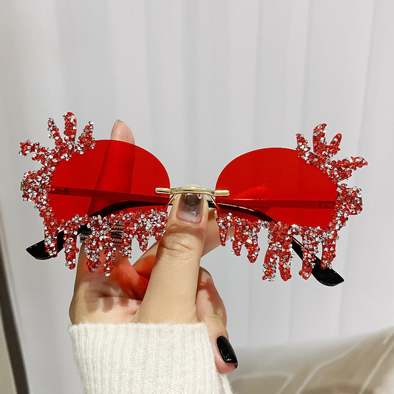 Women's fashion glasses 2024个性大框异形镶钻太阳眼镜男欧美跨境舞台水滴搞怪派对女士墨