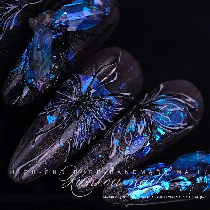 (Hand-Made Nail) Dark Retro Glitter Blue Hand-Painted Butterfly Black Cool Girl Dark Sweet Cool Baroque Hand-Worn Nail Finished Product