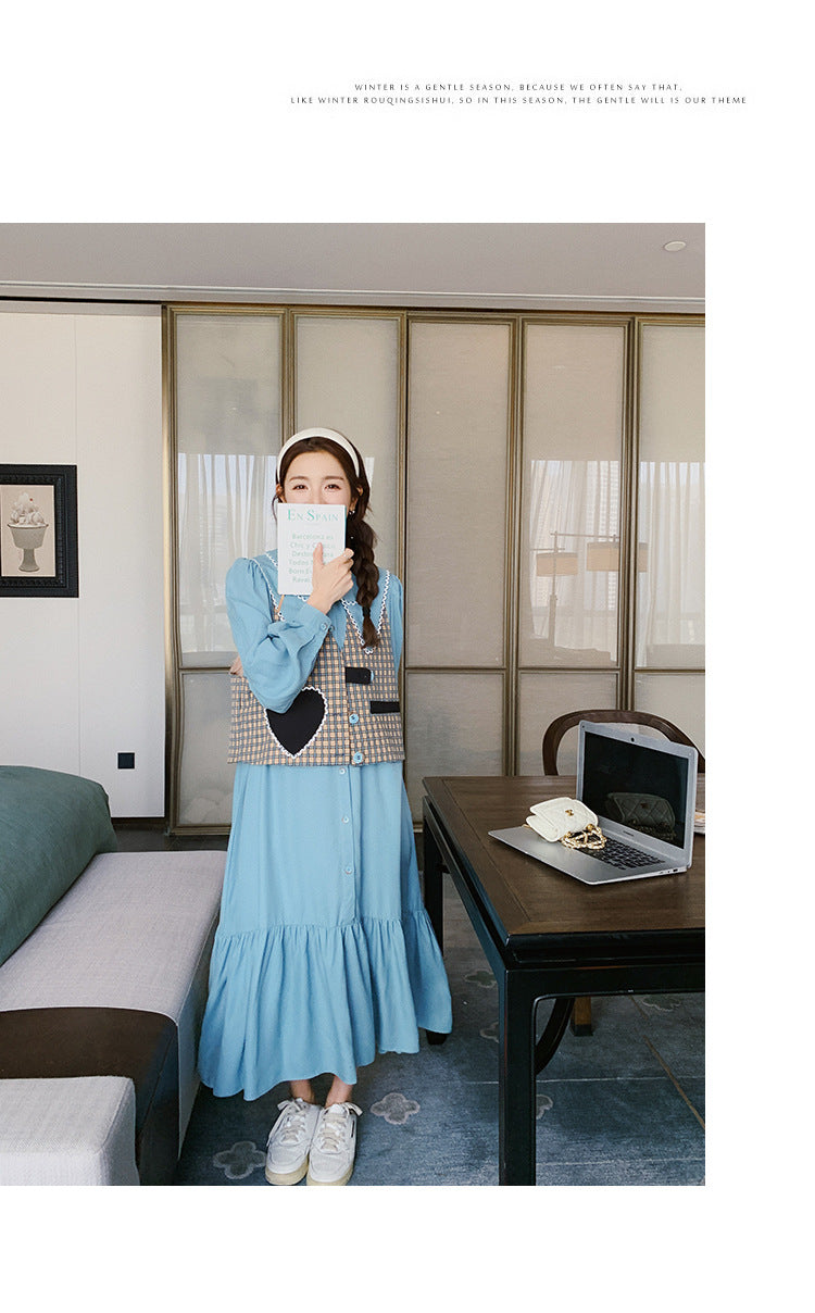 Fashion women's wear Real Shot Tea Series Ladies Long Sleeves Dress Women's Spring and Autumn French Style Gentle Cut Women's Wear Love Vest Suit Skirt