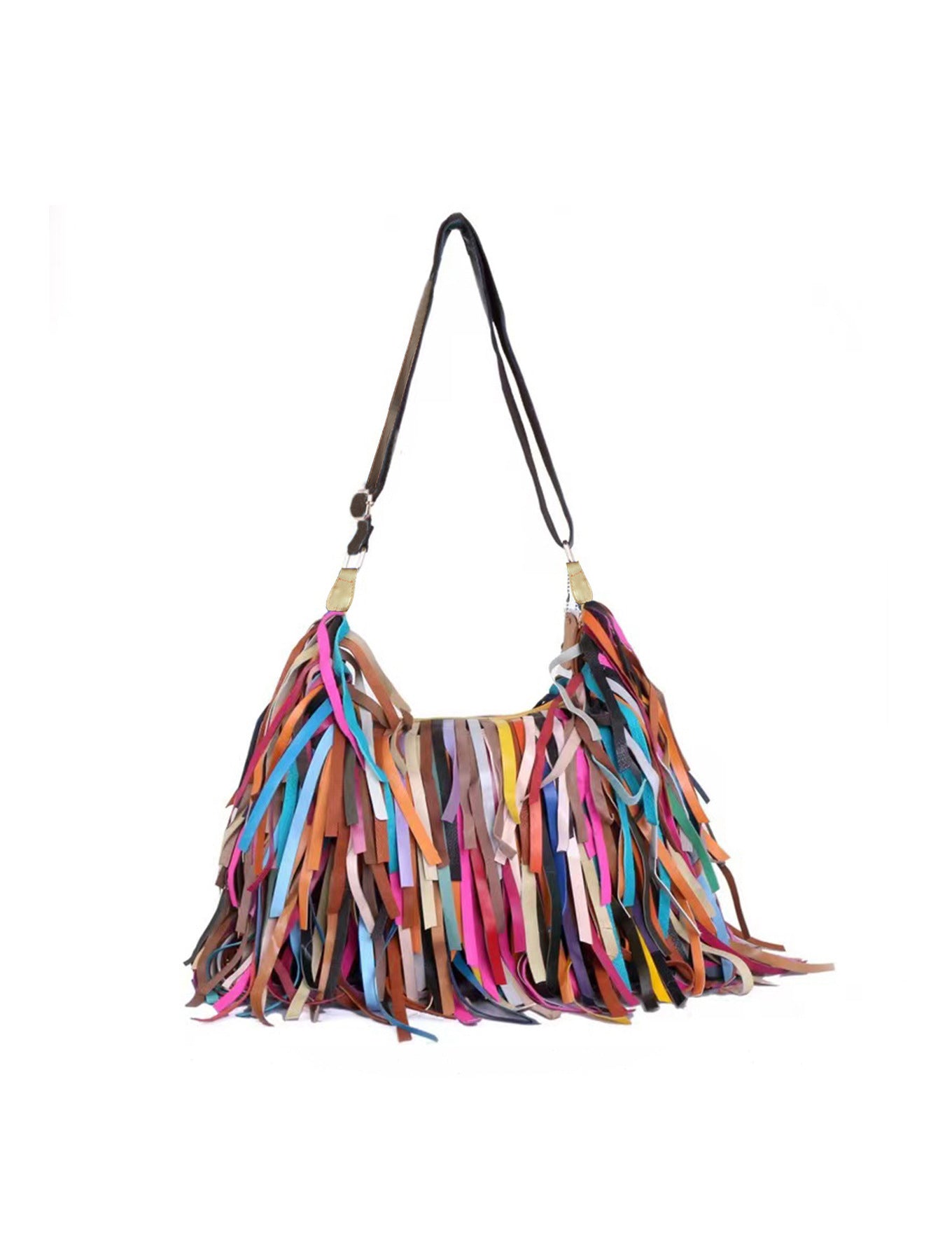 Dopamine Bag Free shipping Tattoo European and American style new women's bags, genuine leather cowhide women's bags, retro fringed splicing single shoulder large-capacity dopamine noodle bags