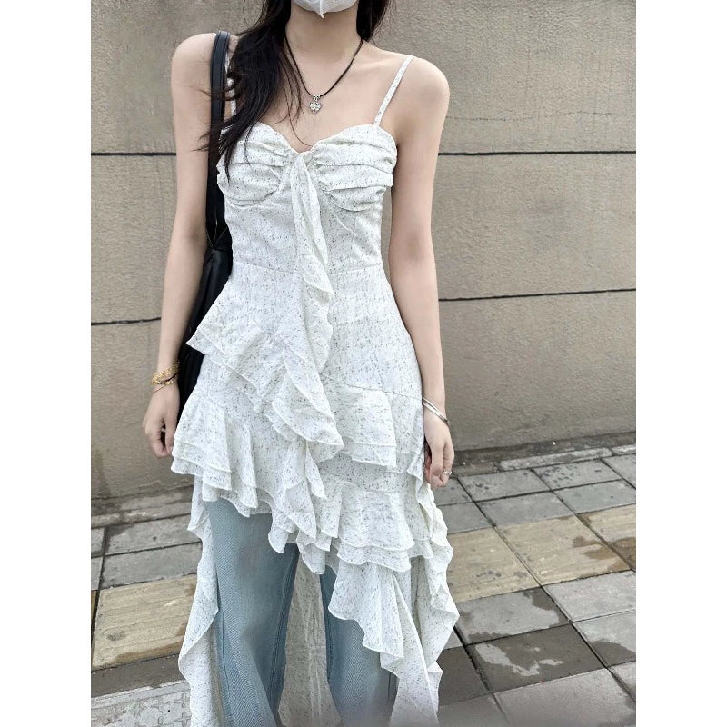 Fashion women's wear Seaside Vacation Style Tea Break French Strap Long Skirt Niche Design Irregular Ruffled Waist-Tight Dress