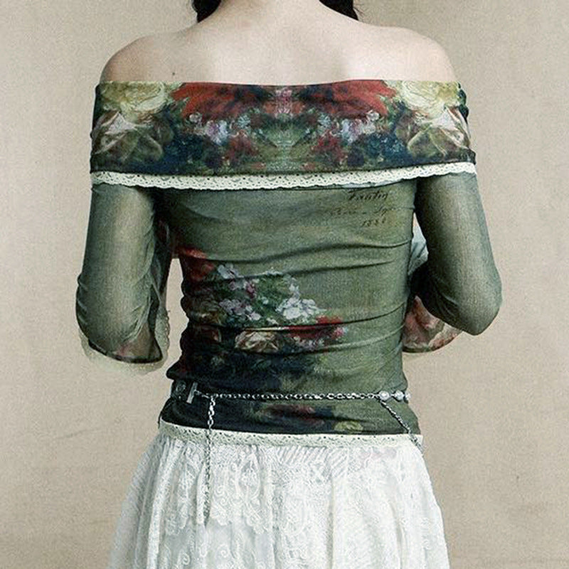 Fashion women's wear Q23tp800 Retro Oil Painting Printing Online off-Neck Long Sleeve Top Women's Slim Fit Slimming Summer New
