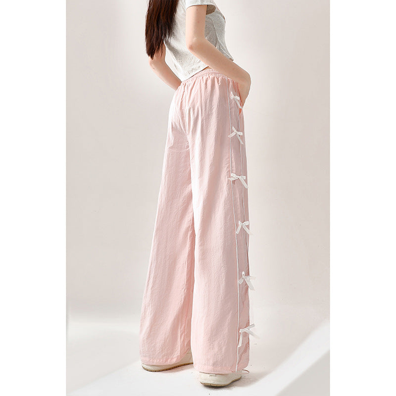 Dopamine pants Free shipping Tattoo Pink dopamine bow quick-drying overalls women's summer new thin straight casual loose wide-leg pants