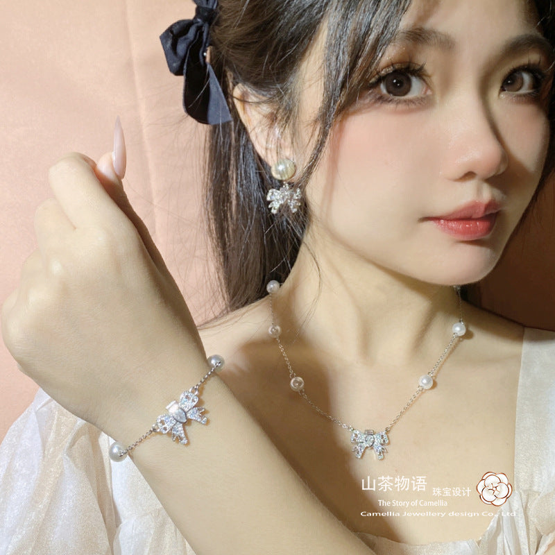 珠宝首饰山茶小红书同款超闪轻奢MIUMIU蝴蝶结银针耳钉  仙女必备法式套装
