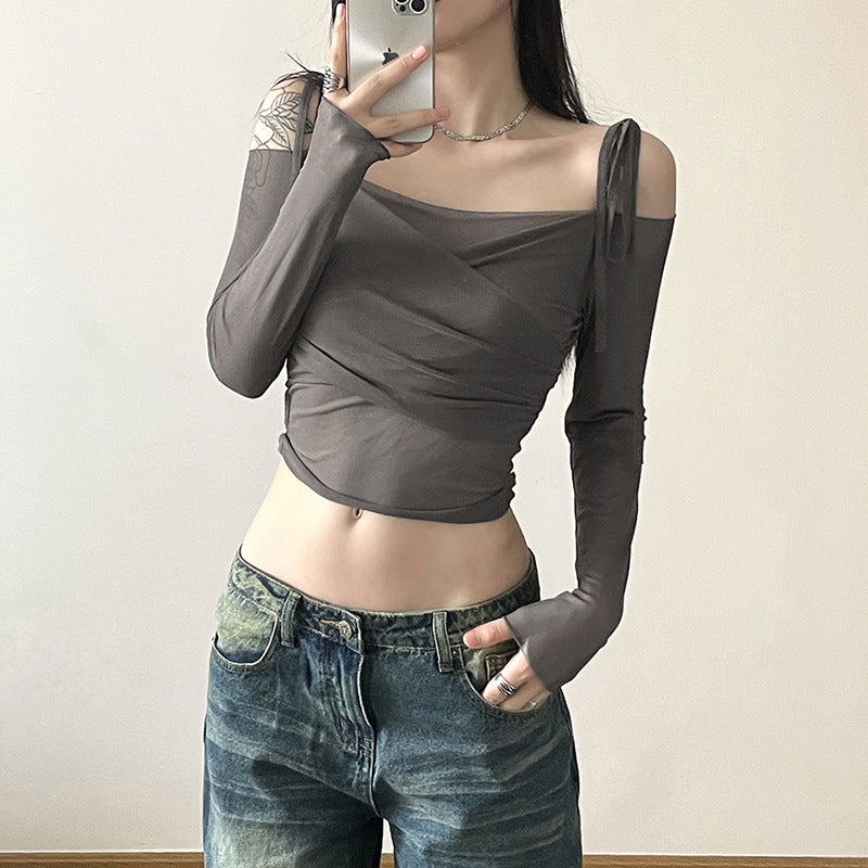 Free shipping Tattoo European and American style 2024 summer new women's clothing Spice Girl one-word collar shoulder sleeves long sleeves waist open button slim T-shirt tops