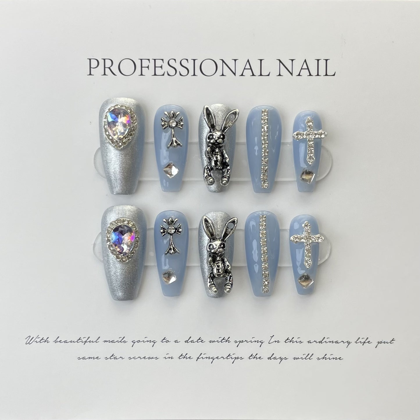 (reusable nail)Handmade Armor Wearing Fantasy Empress Dowager Xi, Silver White Silver Sparkling Spicy Girl Nail Beauty, European and American Cross border Foreign Trade, Long Pointed Nail