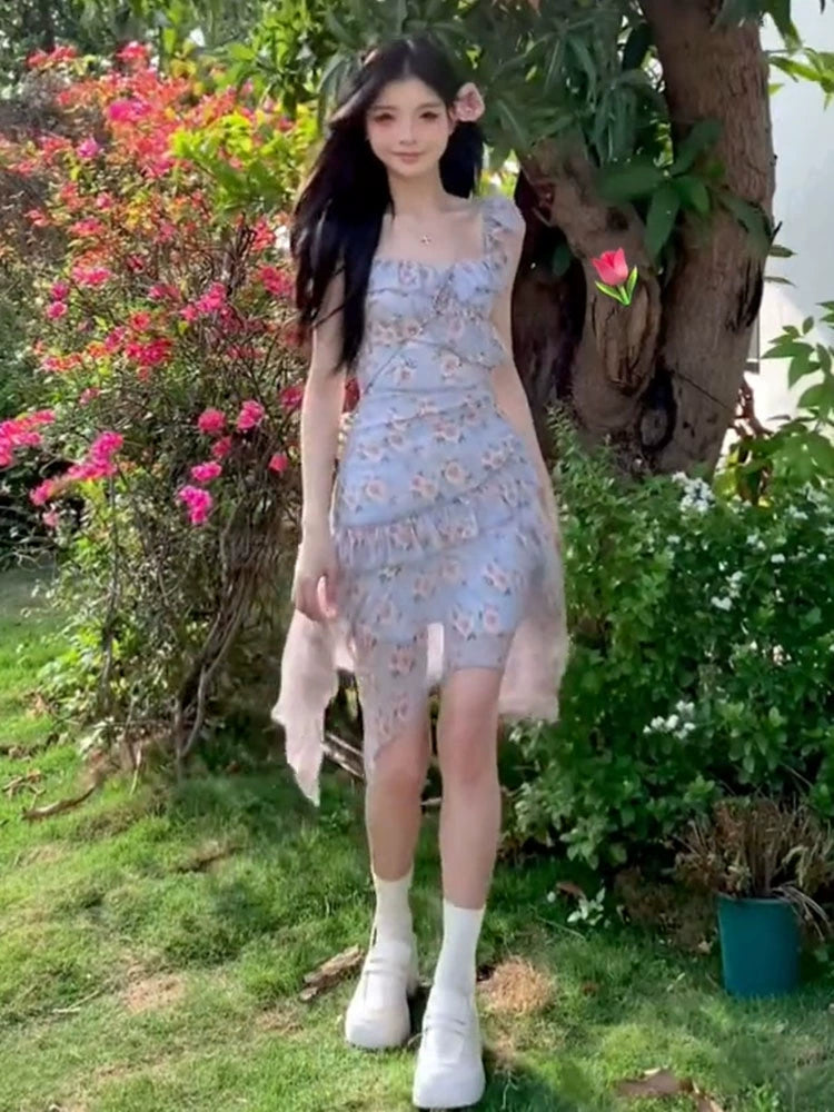 Fashion women's wear French Style Irregular Design Floral Strap Dress Women's 2024 Summer New Sweet Small Long Skirt
