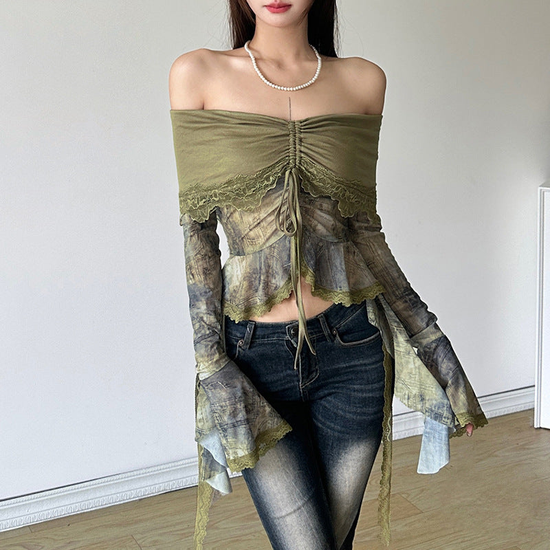 Free shipping  new women's clothing solid color slim-fit street fashion one-word collar long-sleeved halter top tops