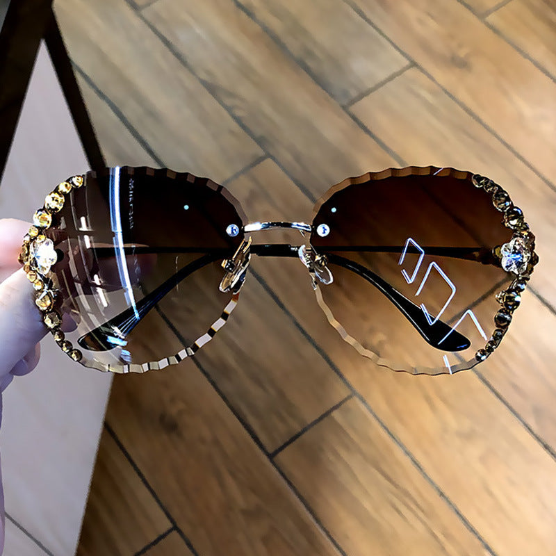 Women's fashion glasses 2021跨境网红ins墨镜女镶钻韩版潮个性水晶无框防紫外线太阳镜女