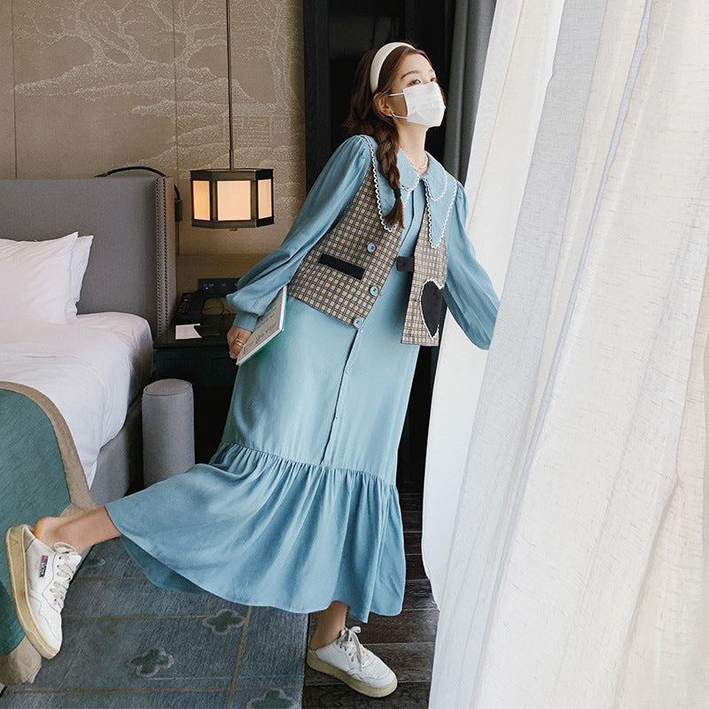 Fashion women's wear Real Shot Tea Series Ladies Long Sleeves Dress Women's Spring and Autumn French Style Gentle Cut Women's Wear Love Vest Suit Skirt