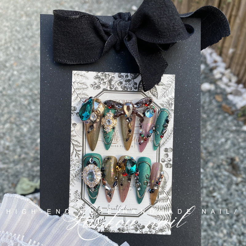 (Hand-Made Nail) Handmade Wear Nail Factory Straight Hair Quicksand Manicure Green Fat Red Thin Gem Box Flash Dragonfly Diamond in the Debris Flow Hemp
