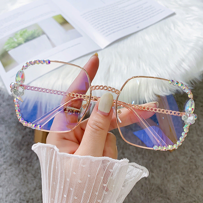 Women's fashion glasses 2024 无框镶钻女韩版潮防紫外线墨镜女素颜神器显脸小太阳镜2022新款