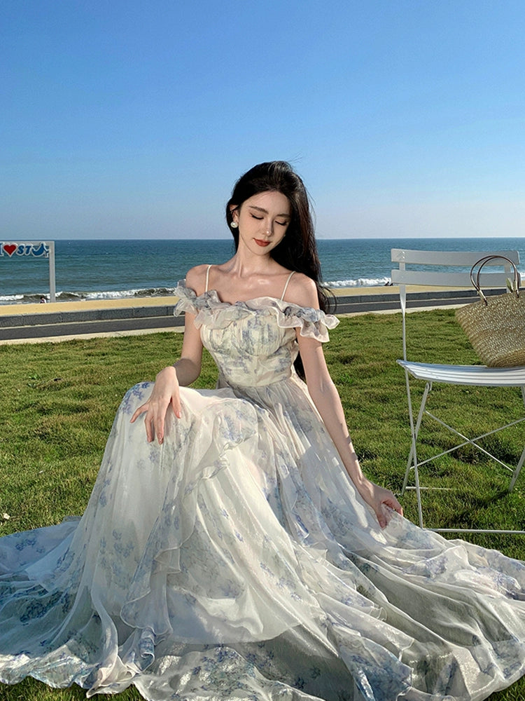 Fashion women's wear French Style Beautiful Floral off-Shoulder Spaghetti Straps Dress Female Summer Super Fairy High Sense Seaside Holiday Princess Long Dress
