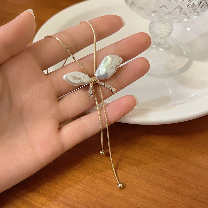 真金电镀锆石珍珠蝴蝶项链时尚设计感毛衣链小众复古百搭饰品批发