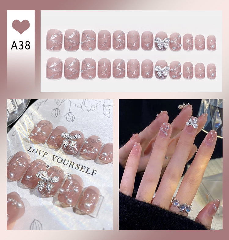 Fashion  nail Handmade Wear Nail Wholesale Internet Hot Diamond in the Debris Butterfly Glitter Nail Tips Finished Product Nail Patch Jelly Glue