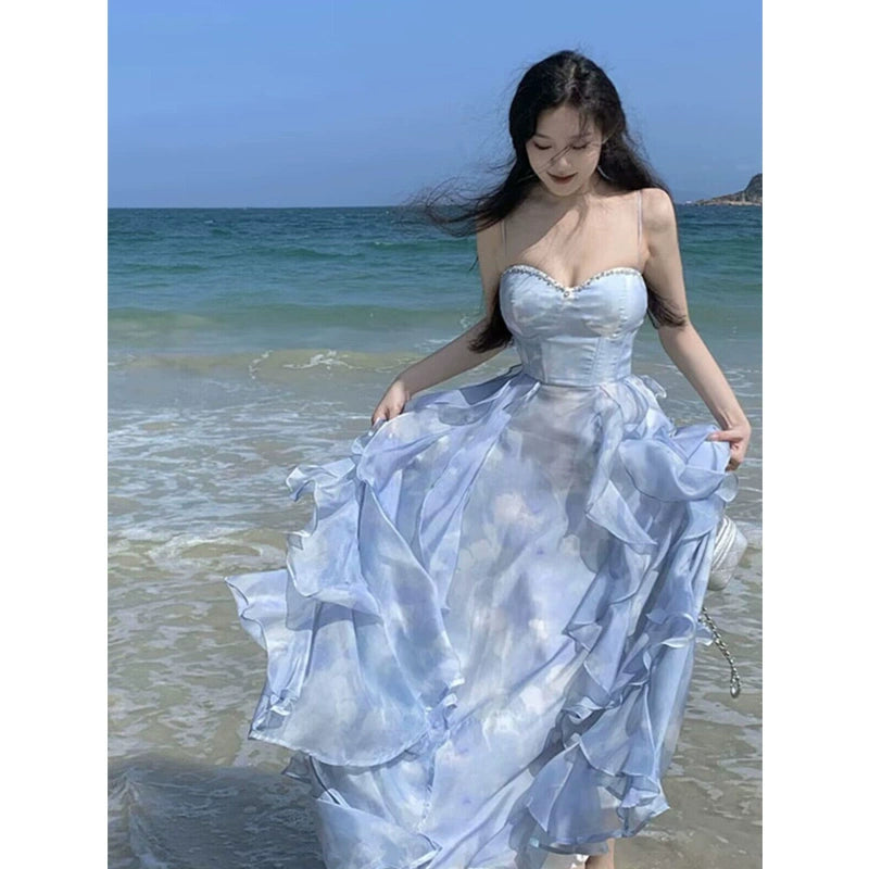 Fashion women's wear French Style Design Niche Sling Dress Women's Seaside Vacation Beach Dress Sunset Fairy Dress Flounced Skirt