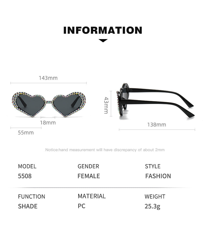 Women's fashion glasses 欧美跨境镶钻太阳镜 爱心女士潮流眼镜婚纱影楼街拍装饰墨镜