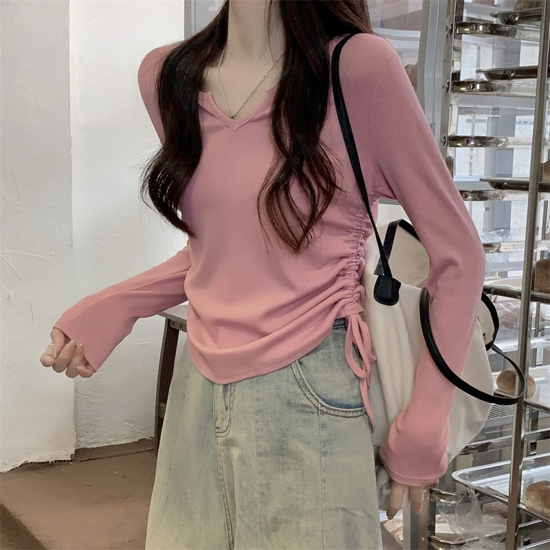 Dopamine tops Free shipping Tattoo V-neck drawstring niche slim long-sleeved T-shirt women's autumn slim-fit design chic short top with bottoming shirt
