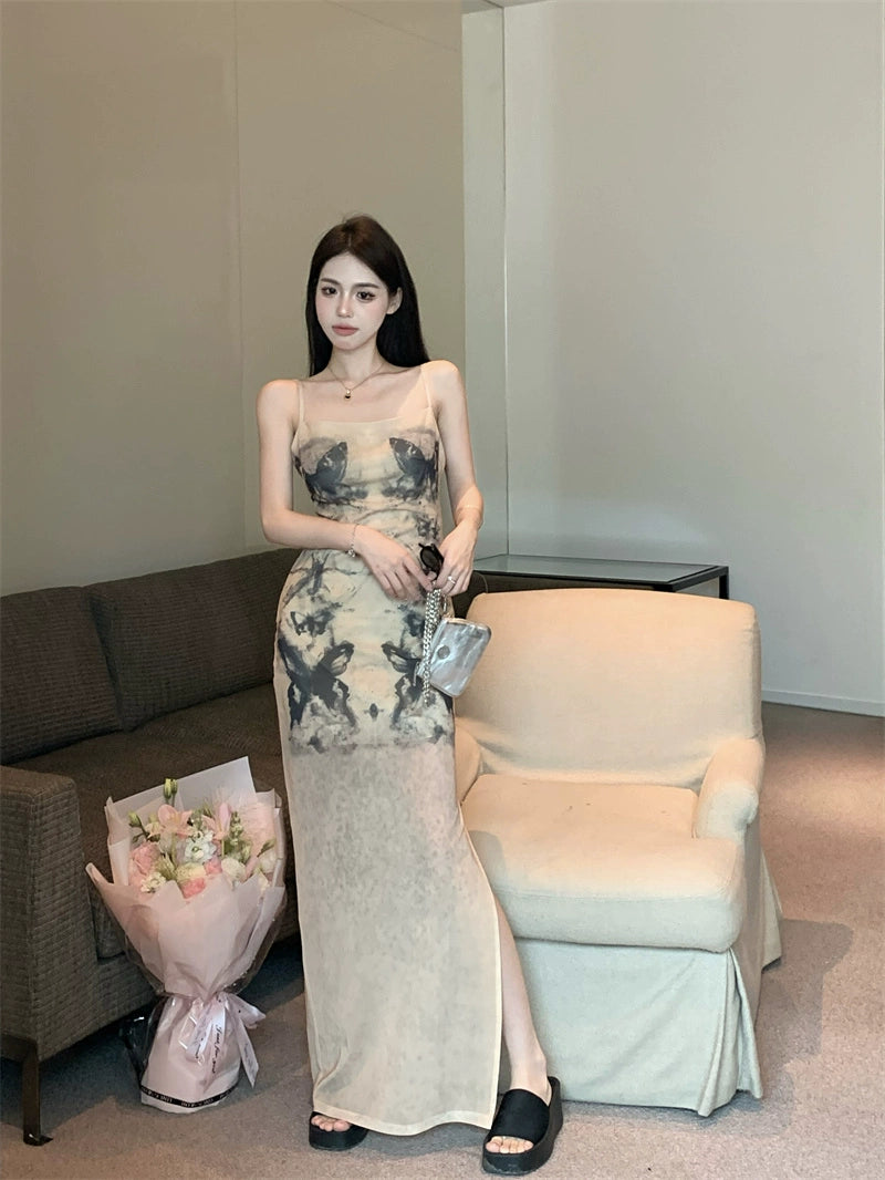 Fashion women's wear Women's French-Style Tie-Dyed Printed Suspender Dress Summer Elegant Waist Slimming Sexy Sheath A- line Dress for Hot Girls