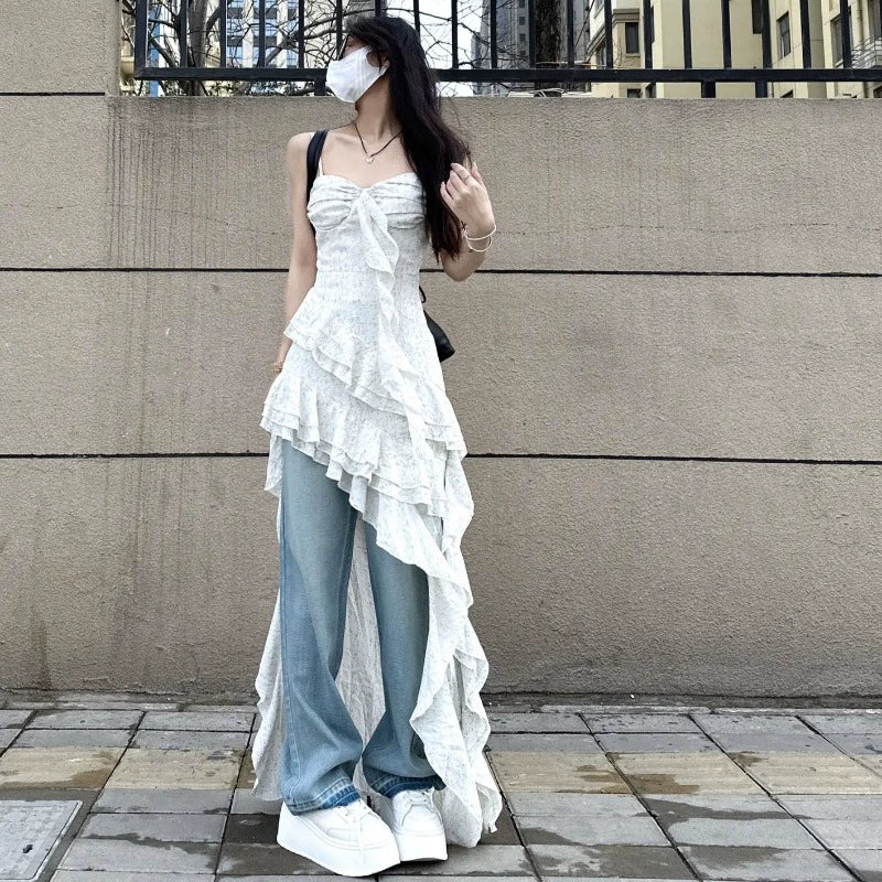 Fashion women's wear Seaside Vacation Style Tea Break French Strap Long Skirt Niche Design Irregular Ruffled Waist-Tight Dress