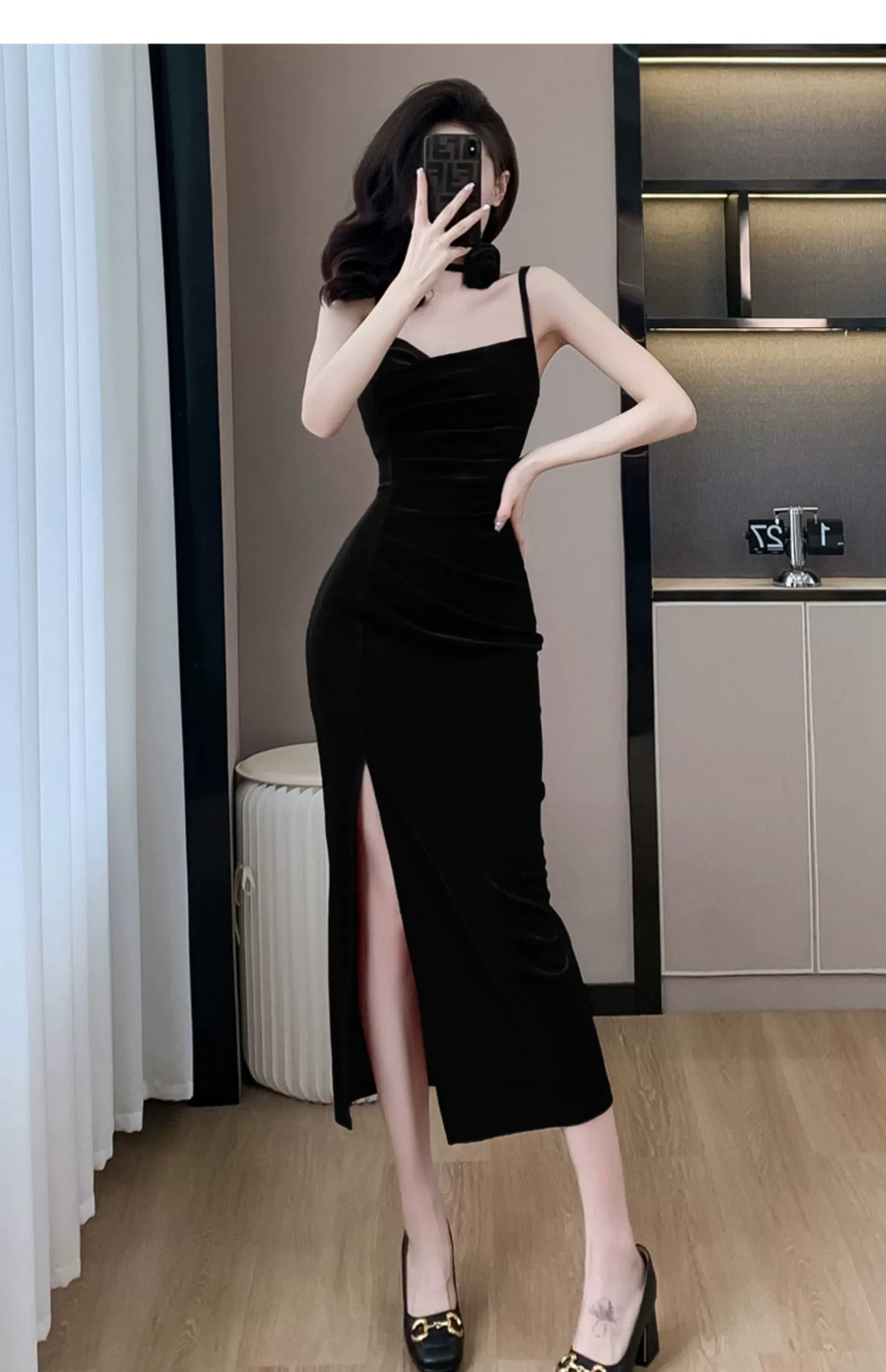 Fashion women's wear French Style Adult Lady like Woman Pleuche Spaghetti-Strap Dress Women's High-Grade Red Evening Dress 2024 Spring Women's Clothes Long Dress