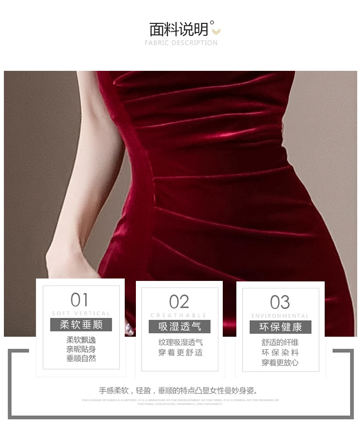 Fashion women's wear French Style Adult Lady like Woman Pleuche Spaghetti-Strap Dress Women's High-Grade Red Evening Dress 2024 Spring Women's Clothes Long Dress