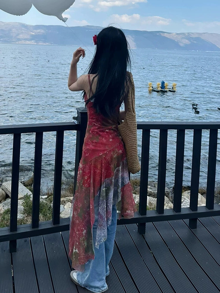 Fashion women's wear Red Small Floral Mesh Camisole Dress Women's Summer Seaside Design Sense Niche Waist Slimming Irregular Long Dress