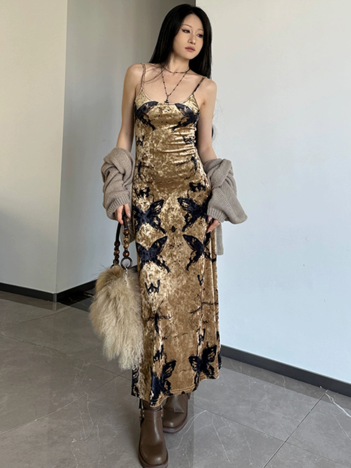 Fashion women's wear Wilderness Butterfly Printing Slip Dress 2024 Autumn New Hot Girl Sexy Slim Fit Slimming Sheath Dress