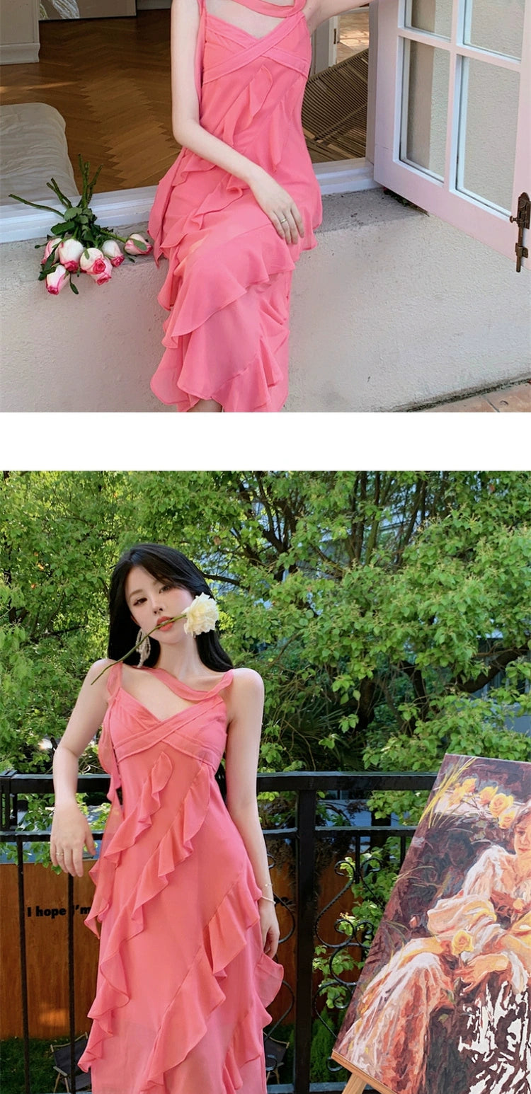 Fashion women's wear French Style Green Suspenders Dress Women's Summer V-neck Elegant Ruffle Waist-Tight Seaside Vacation Beach Dress