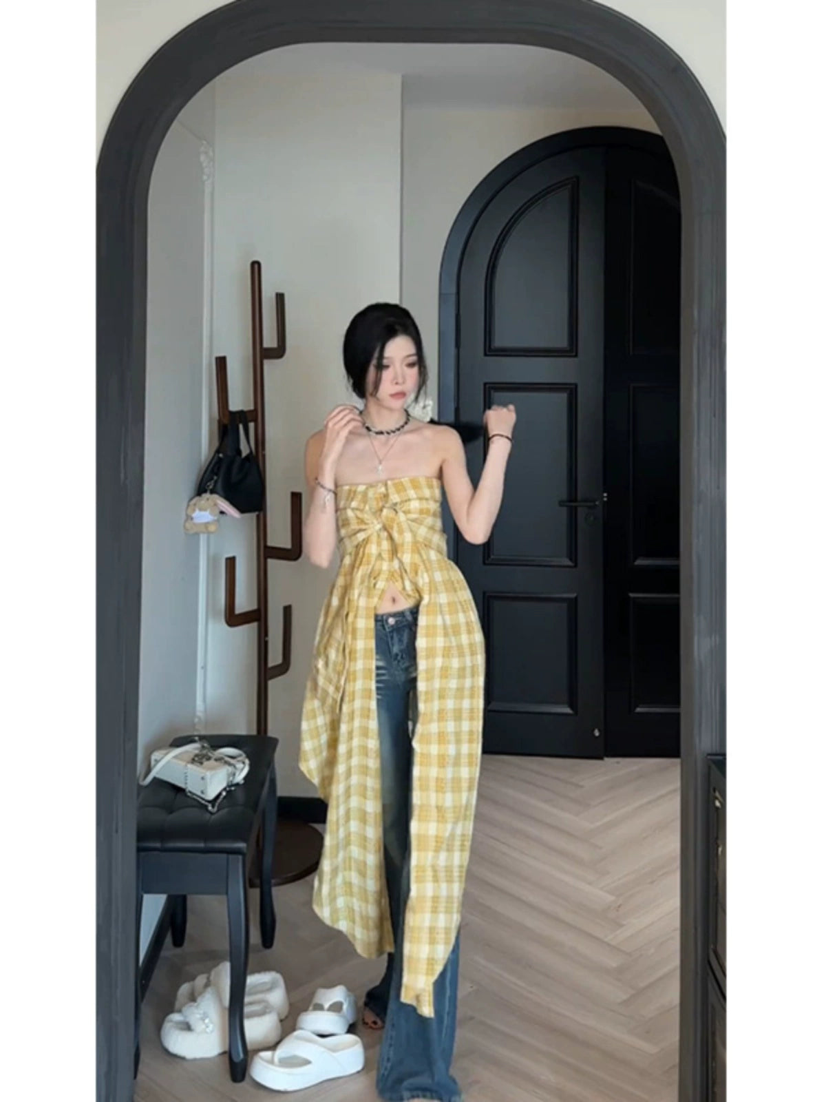 Fashion women's wear 2024 Summer New Design Sense Sleeveless Plaid Tube Top Shirt Female Korean Temperament Irregular Spaghetti-Strap Dress